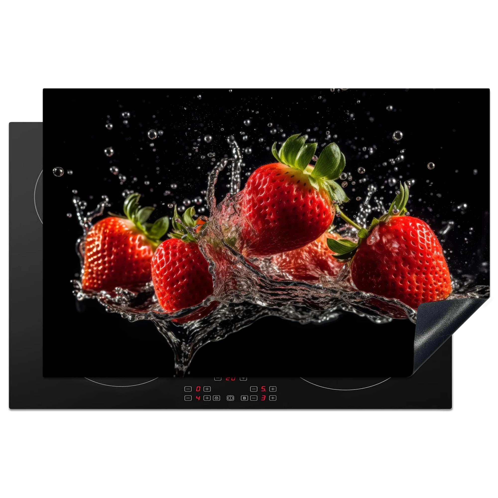 KitchenYeah© Induction Hob Cover Protector Mat 20.8"x32.1" / 81.6x52.7 cm Kitchen Universal Ceramic Covers for Electric Cookers Vinyl Strawberries - Fruit - Red - Water - Black