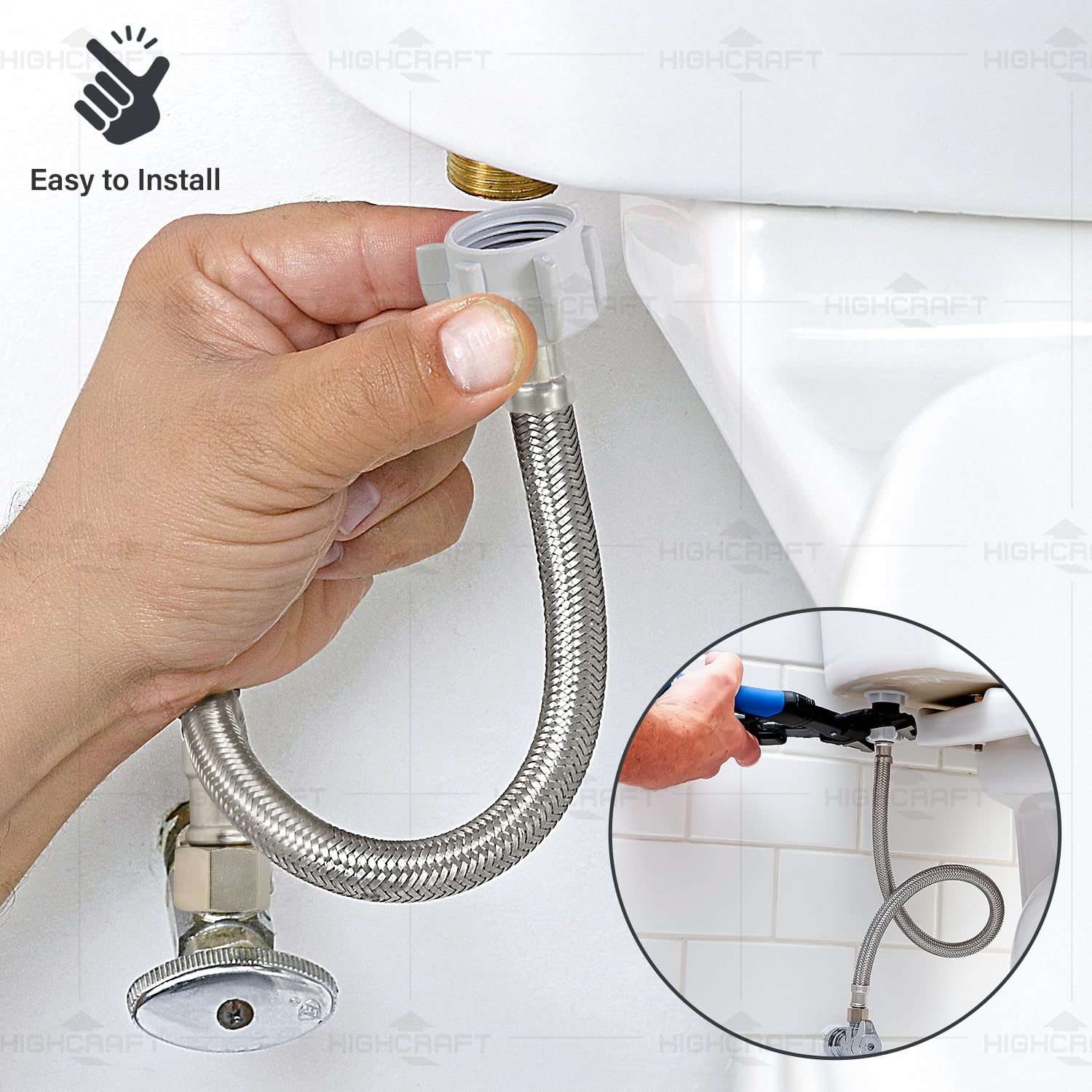 Highcraft 27412-NL-2 Conector de inodoro, manguera trenzada de acero inoxidable se conecta a la línea de suministro 3/8 compresión x 7/8 tuerca hembra Ballcock de 12 pulgadas