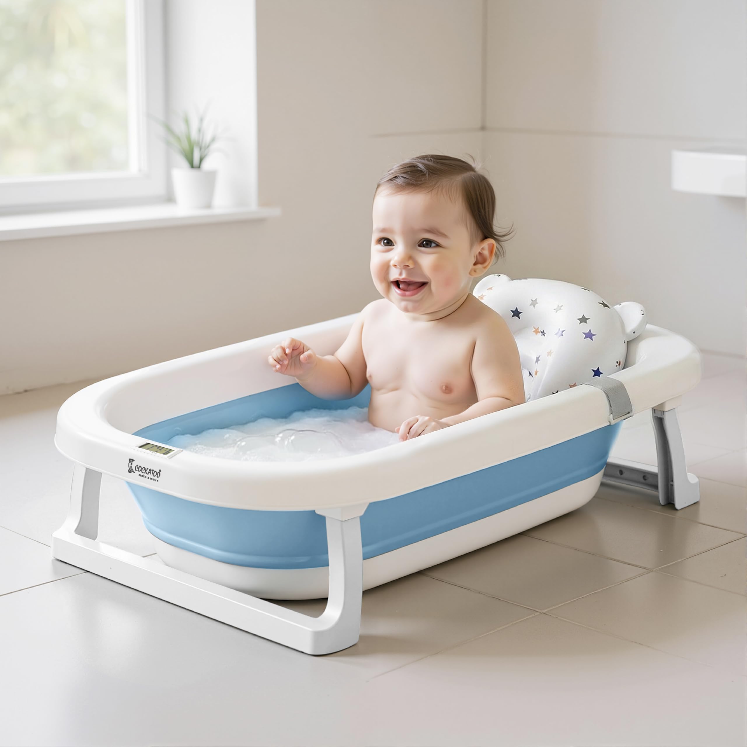 Cockatoo-Kids DripDrop Foldable Baby Bath Tub with Thermistor, Pillow & Soap Box – Portable Newborn to 6 Years Tub, Non-Toxic PP, Anti-Slip Base, 40kg Capacity – Travel & Home Use, White & Blue-image-45