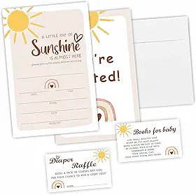 Kit de convite para chá de bebê em aquarela tema sol retrô, sorteio de fraldas - conjunto de 25 convites com envelopes, bilhetes para sorteio de fraldas, cartões de pedido de livros -
