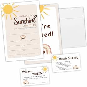 Kit de convite para chá de bebê em aquarela tema sol retrô, sorteio de fraldas - conjunto de 25 convites com envelopes, bilhetes para sorteio de fraldas, cartões de pedido de livros -