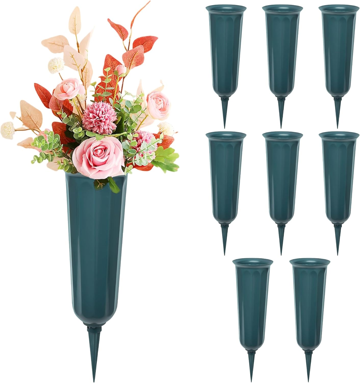 8Pcs Cemetery Vases for Grave, 9.6in x 3in Grave Vases for Cemetery with Stake, Durable Plastic and Easy to Insert into Soil Elegant Design for Grave Decoration
