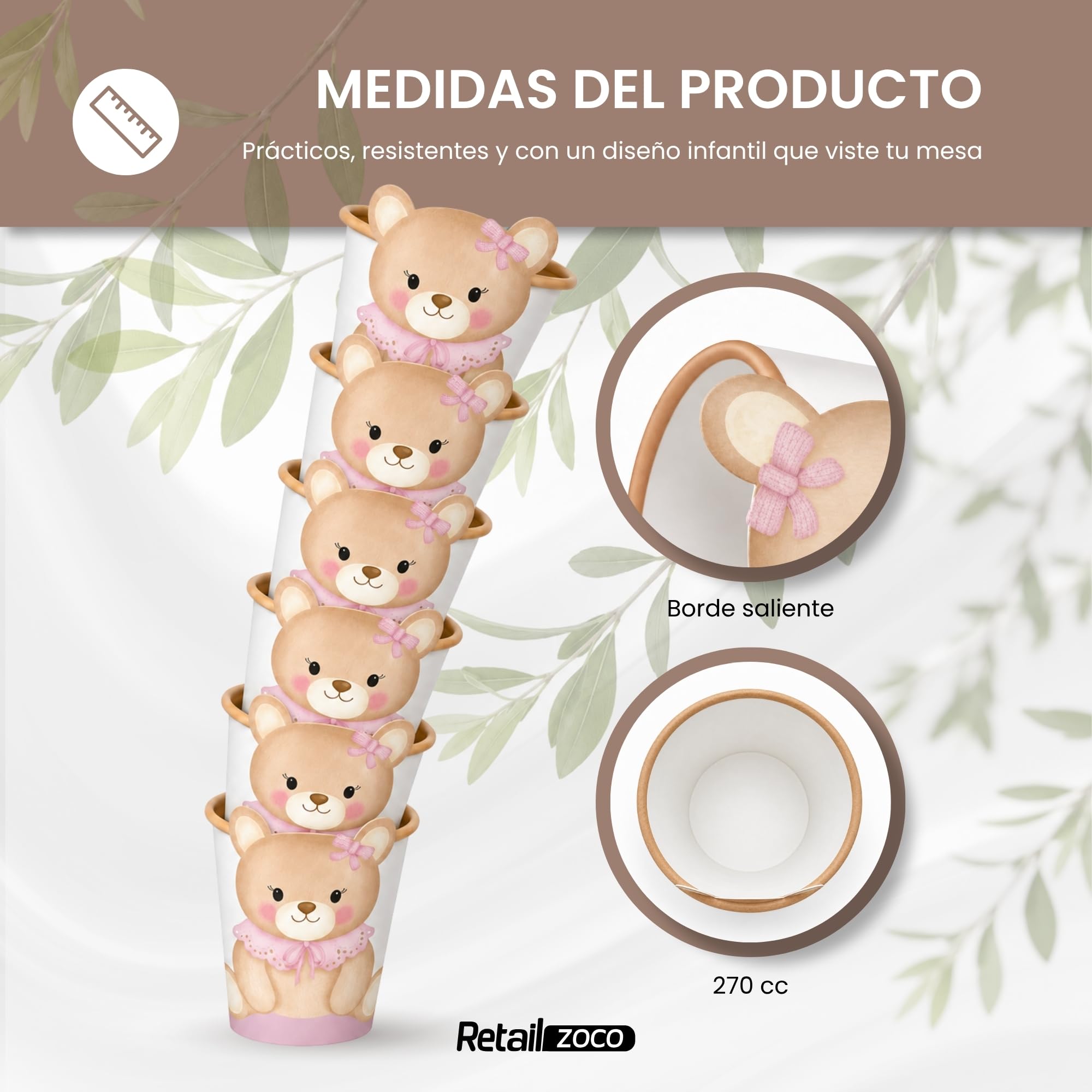 Vasos Cumpleaño, Vasos Desechables cartón, Diseño Osito Rosa, 6 Unidades - imagen 4