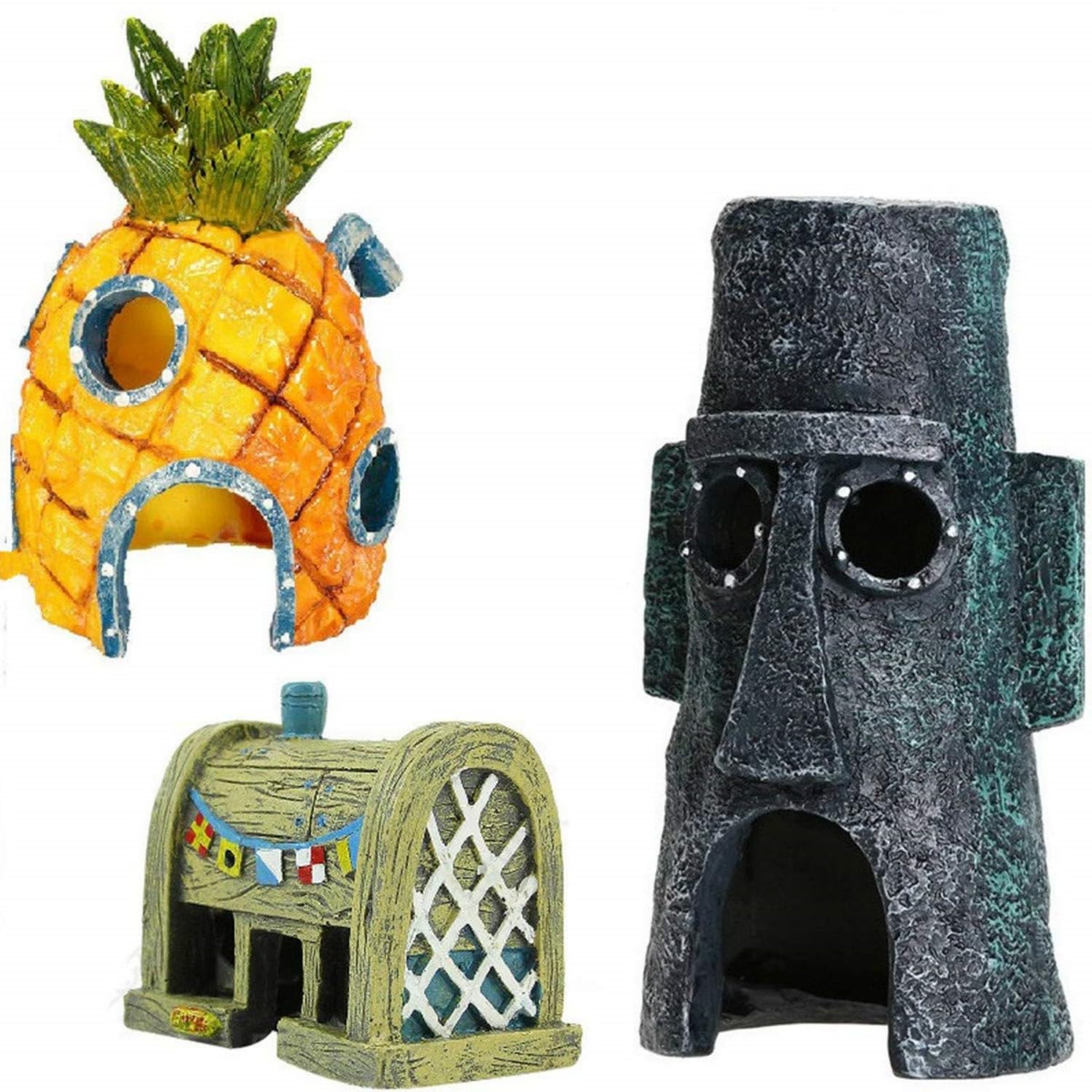 SKEIDO 3Pcs/Set Fish Tank Aquarium Decor Squidward House Pineapple Cartoon House Home Ornaments Aquarium Accessories