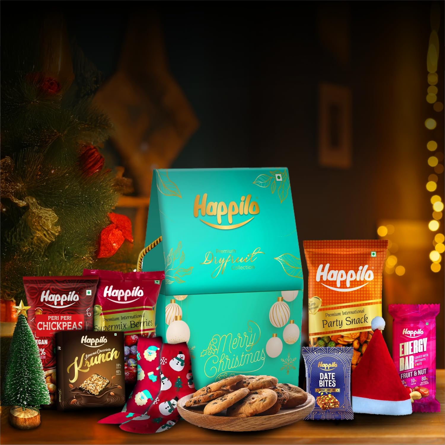 Happilo Dry Fruit Celebration Gift Box Dasher 200g Healthy Gift Hamper with Gourmet Snacks & Dry Fruits | Corporate Gift Basket for Clients | Employees & Personal Gifting | Festive Gift Hamper I Gourmet Hamper| Ideal for Festive Gifting | Christmas Festive Treats & Snacks| Santa Hat | Tree | 1 Pair of Socks| Krunch | Party Snack | Supermix Berries | Energy bar | Chickpeas | Date Bites