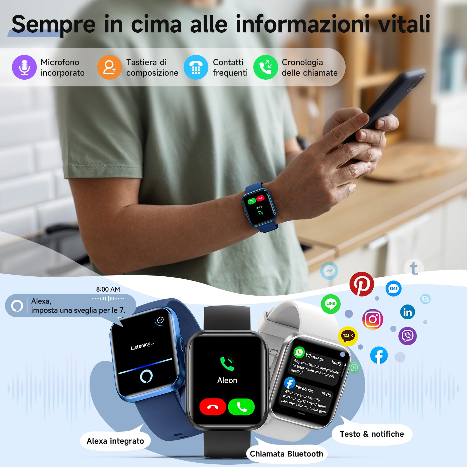 Smartwatch Uomo Donna, Orologio Smartwatch Uomo con Alexa, Effettua/Risposta Chiamate, 1,8" Smart Watch Uomo con 100 Sportive, Cardiofrequenzimetro Sonno SpO2, IP68 Fitness Tracker per Android iOS
