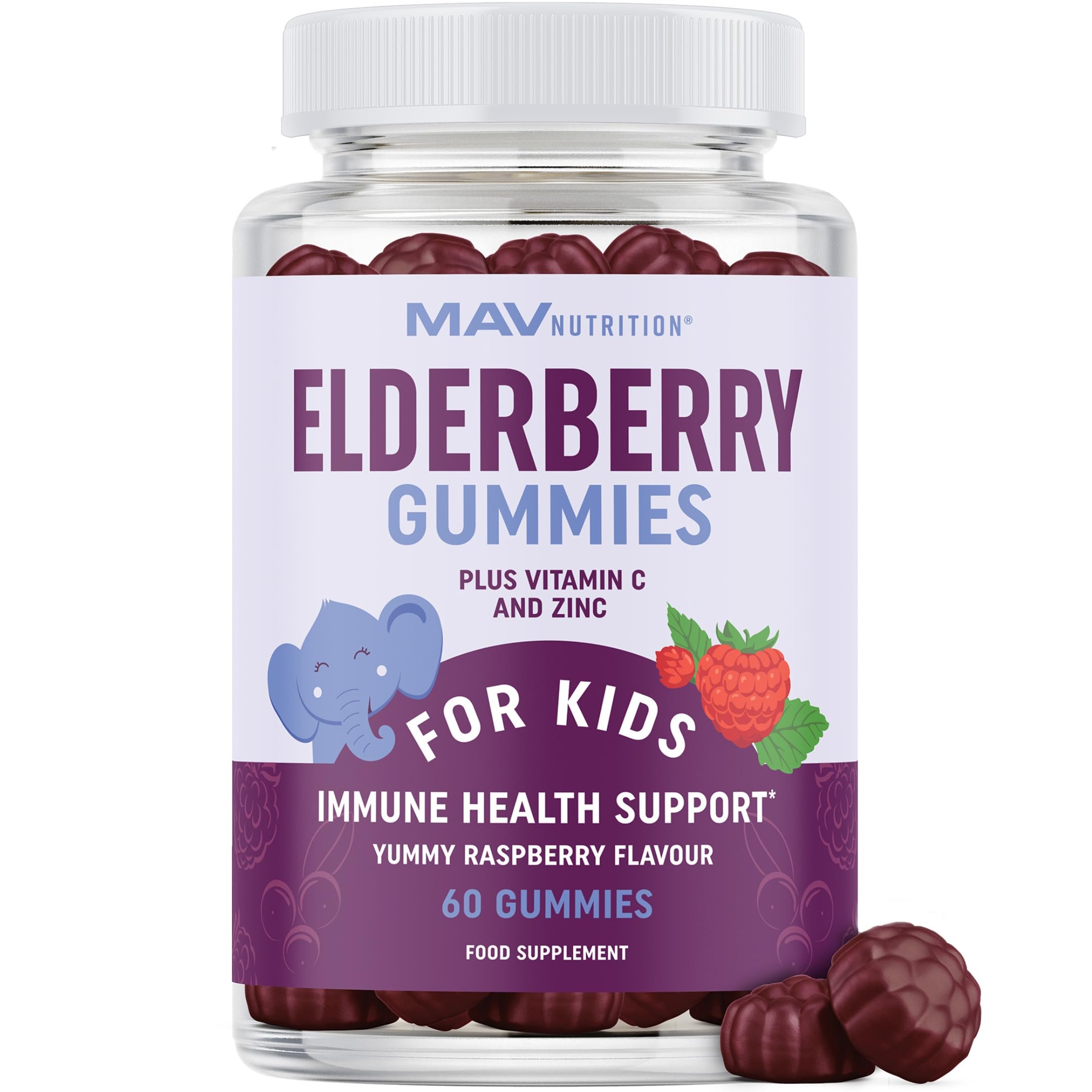 Elderberry Gummies for Kids 50mg with Vitamin C & Zinc for Healthy Immune Support | Raspberry Flavour | Designed for Ultimate Health & Wellness | Gluten-Free, Non-GMO & Natural Flavours | 60 Gummies