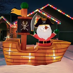 7 Ft Inflatable Pirate Santa on Wooden Ship Flag with LED Lights, Outdoor Christmas Yard Decoration