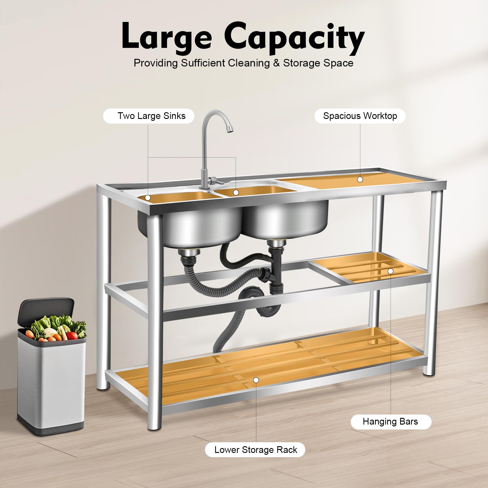 Évier de Cuisine Autonome en Acier Inoxydable avec 2 Bacs et Robinet à 360 °, 3 Niveaux, Capacité de Charge de 100 kg, Pour Restaurant, Camping, Extérieur - 120 x 45 x 80 cm
