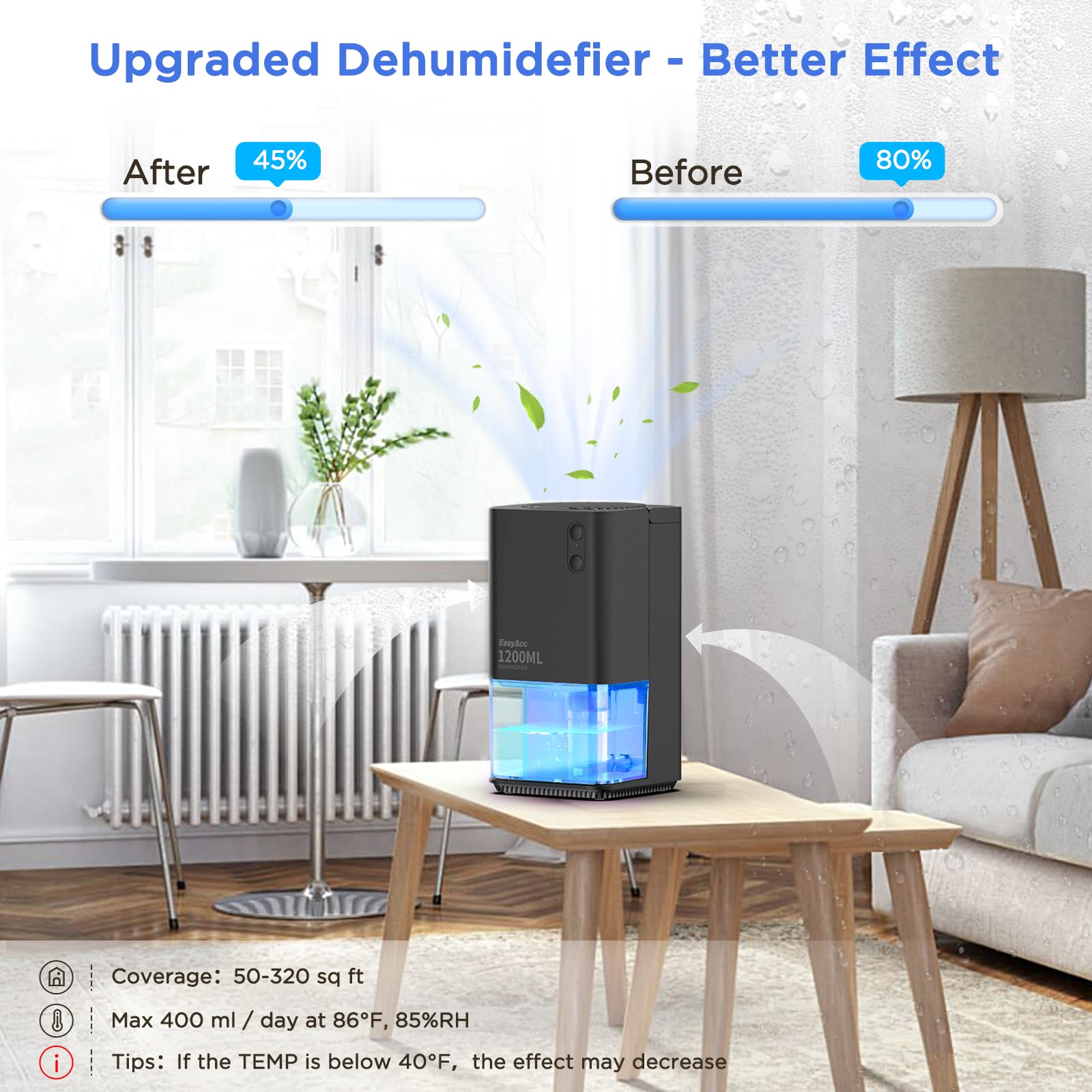 Dehumidifier for Home Damp EasyAcc 1200ml Electric Dehumidifier with Ultra Quiet & Auto Shut off 7 Colorful LED Portable Mini for Wardrobe Bathroom Closet RV Bedroom Garage-Black - Image 2
