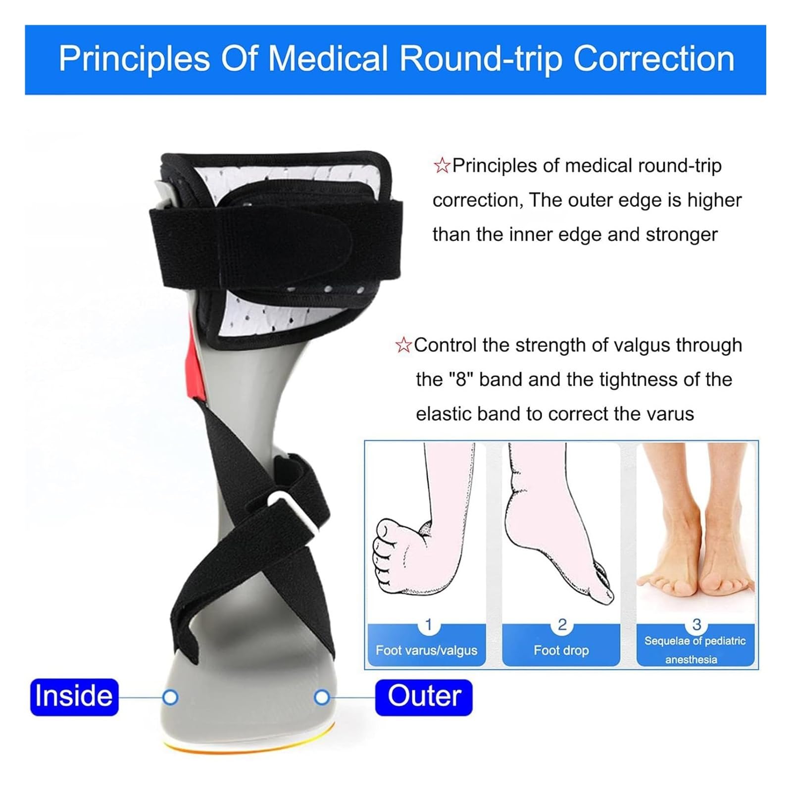 Soporte de pie ajustable para soporte para caminar, ortesis de tobillo AFO ligera para corrección de varo y alivio de la fascitis plantar, asistencia estable para la marcha