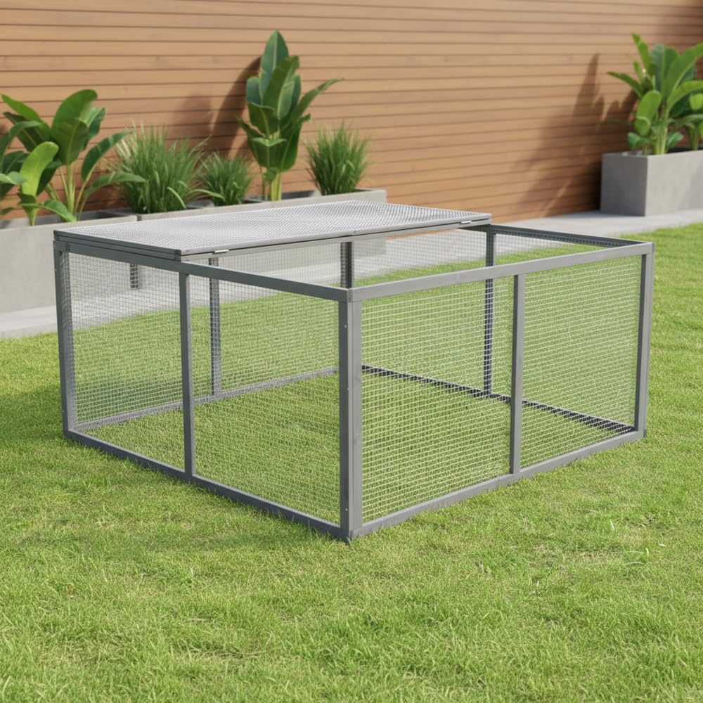 Melko Kleintier Freilaufgehege aus Holz – Outdoor Auslaufgehege 120x120x59 cm mit Schutzdeckel Grau für Kaninchen, Meerschweinchen & Hühner
