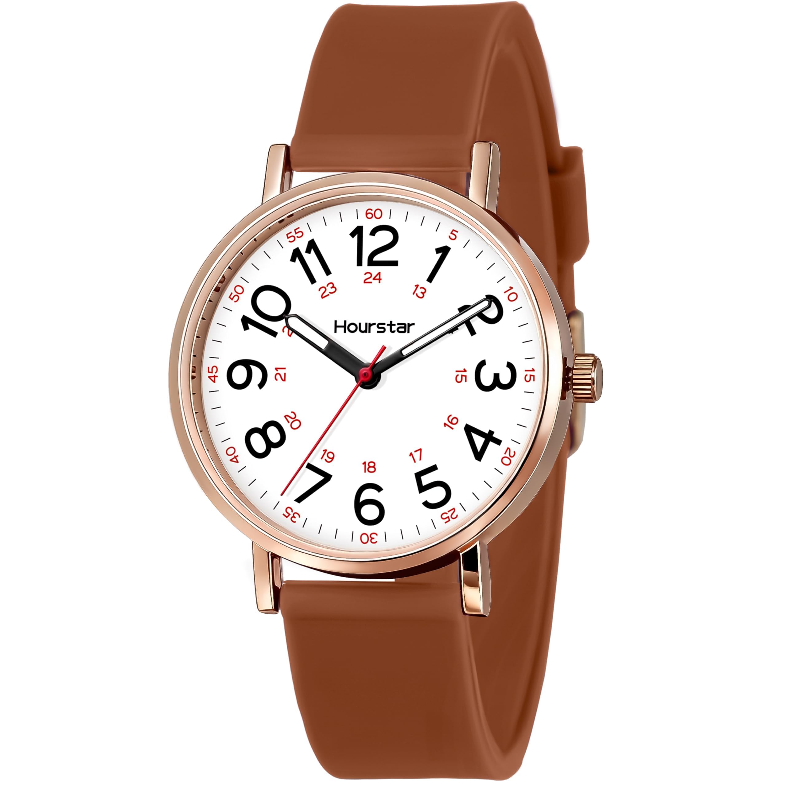 Reloj analógico de enfermera para mujer con segunda mano para enfermería, 12/24 horas, correa de silicona, fácil lectura (marrón)