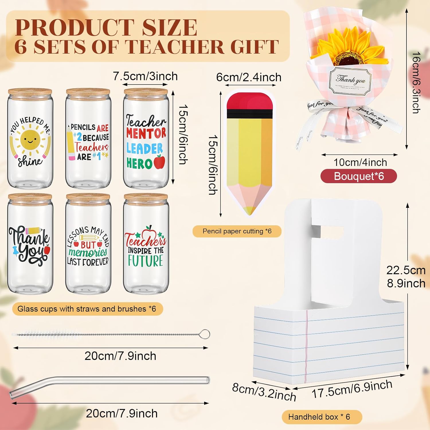 Mumufy 6 Set Teacher Appreciation Gift Boxes-16oz Glass Cups with Lids Straws Brushes and Sunflower Faux Bouquets & Carry Boxes & Pencil Tags for Teacher Appreciation Gifts Bulk Graduation Gift