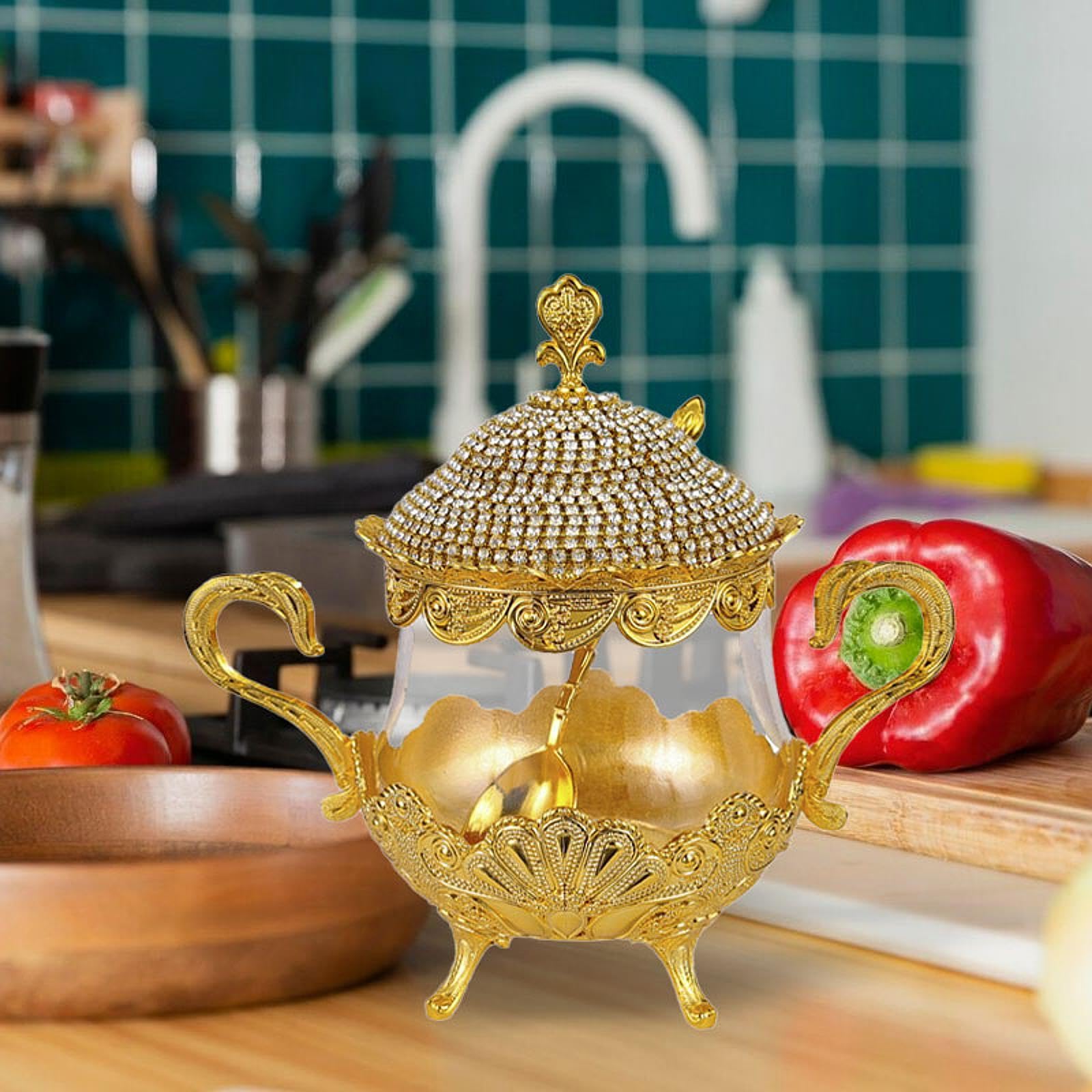 Generic Sugar Bowl Salt Bowl Salt Container Canister Sugar Holder Gold Storage Jar for Restaurant Kitchen Countertop Home Table, Glass