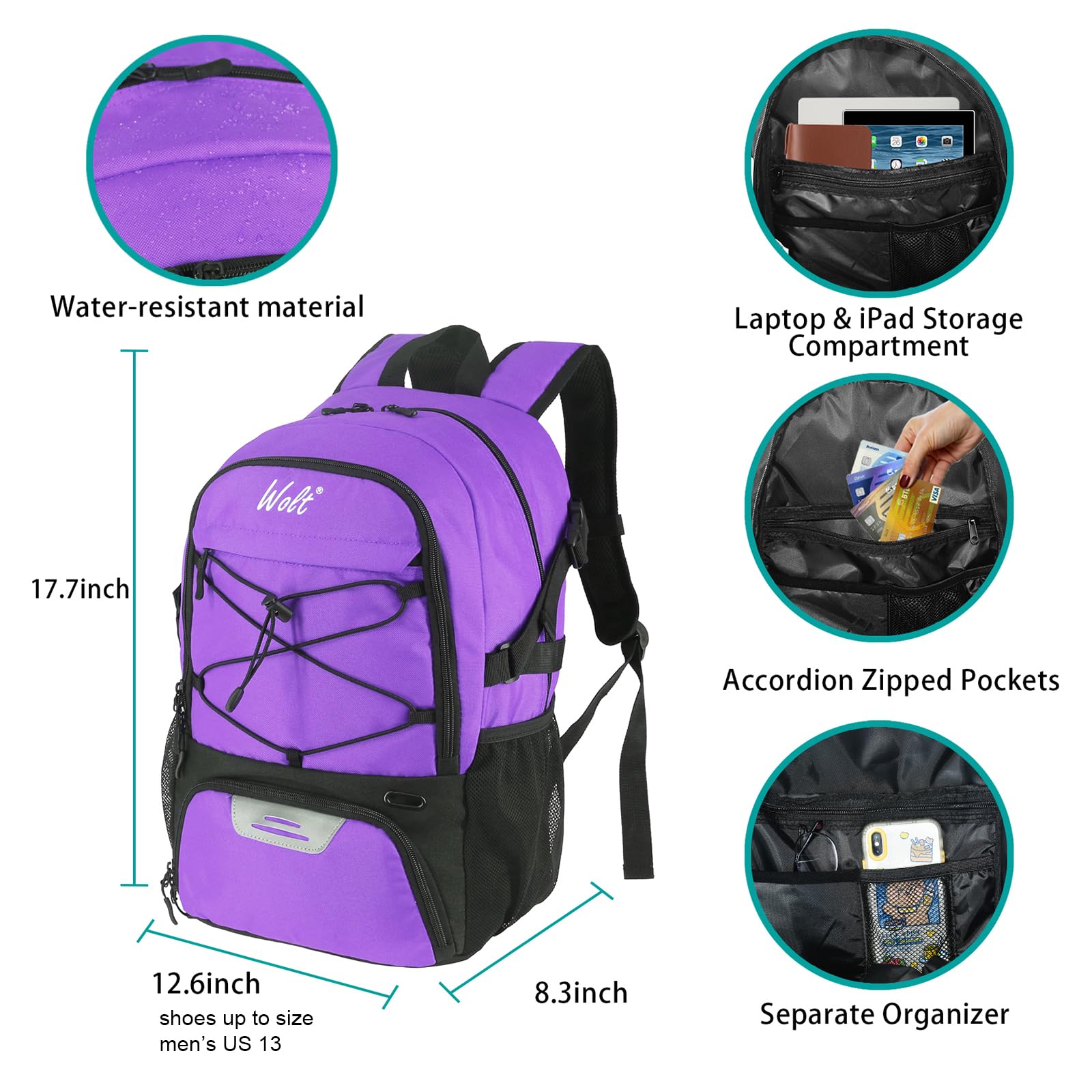 WOLT | Sac à Dos de Basket-Ball Grand Sac de Sport avec Porte-Ballon séparé et Compartiment à Chaussures, idéal pour Le Basket-Ball, Le Football, Le Volley-Ball, la Natation, la Gym, Les Voyages