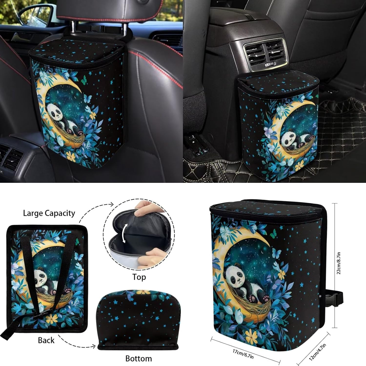Car Seat Covers with Moon Panda 13 Pcs Full Set, Universal Steering Wheel Cover Seatbelt Pads Car Trash Can Coasters Rearview Mirror Cover Keychains
