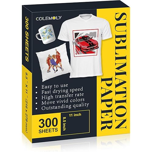 Colemoly Sublimation Paper 8.5x11, 300 Sheets Heat Transfer Paper for Any Inkjet Printer 125g with Thermal Sublimation Ink on Coated, Phone Cases, Light Fabrics, DIY Projects, T-Shirts, Mugs