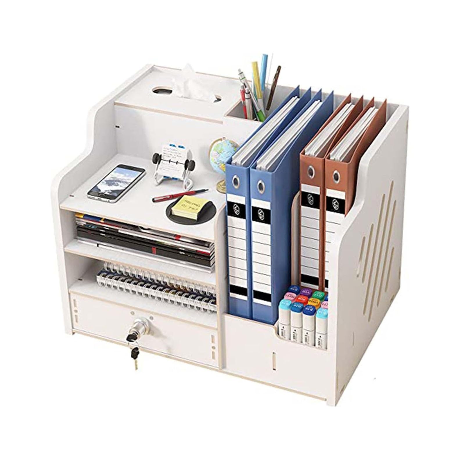 Schreibtisch-Organizer Aus Holz Mit Schublade, Geräumiger Ablagekorb Für Dokumente Und Papier (A4), DIY-Aufbewahrungsbox Für Büromaterialien, Bücherregal Für Zuhause(White)