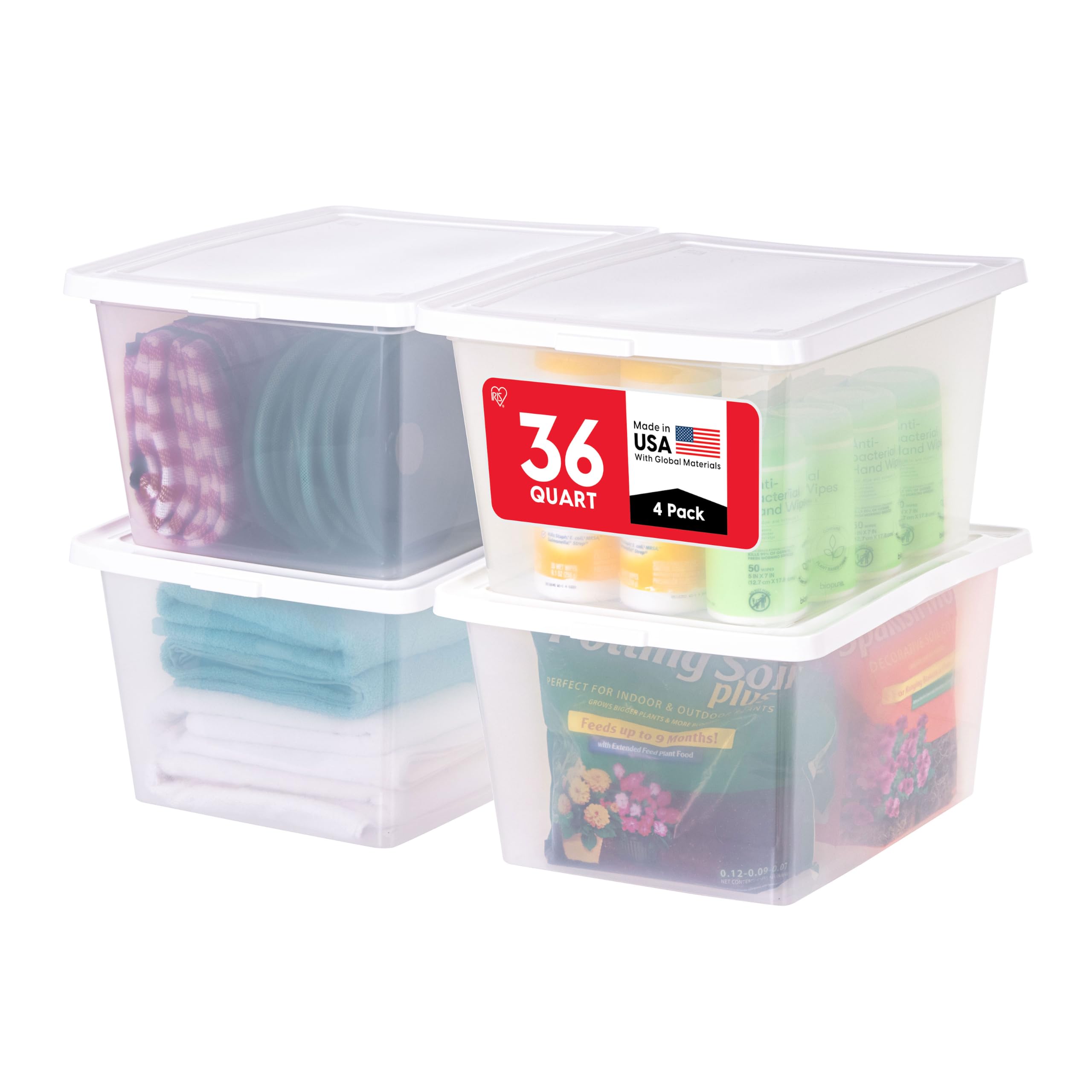 IRIS USA 4-Pack 36 Qt Storage Bins with Lids, Stackable Box, Clear/White