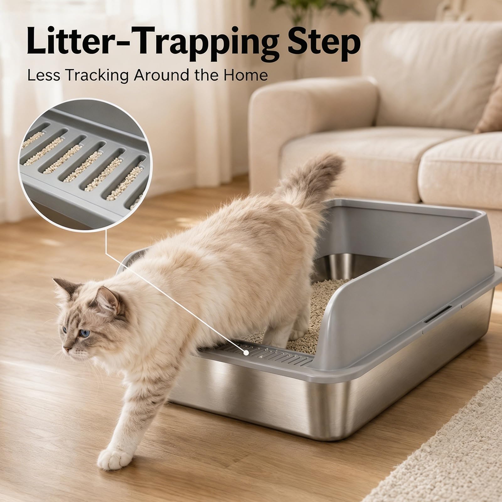 Set di 2 lettiere per gatti in acciaio inox, grande lettiera in acciaio inox, con bordo alto, per gatto, 60 x 40 x 20 cm, pala per gatti (L)