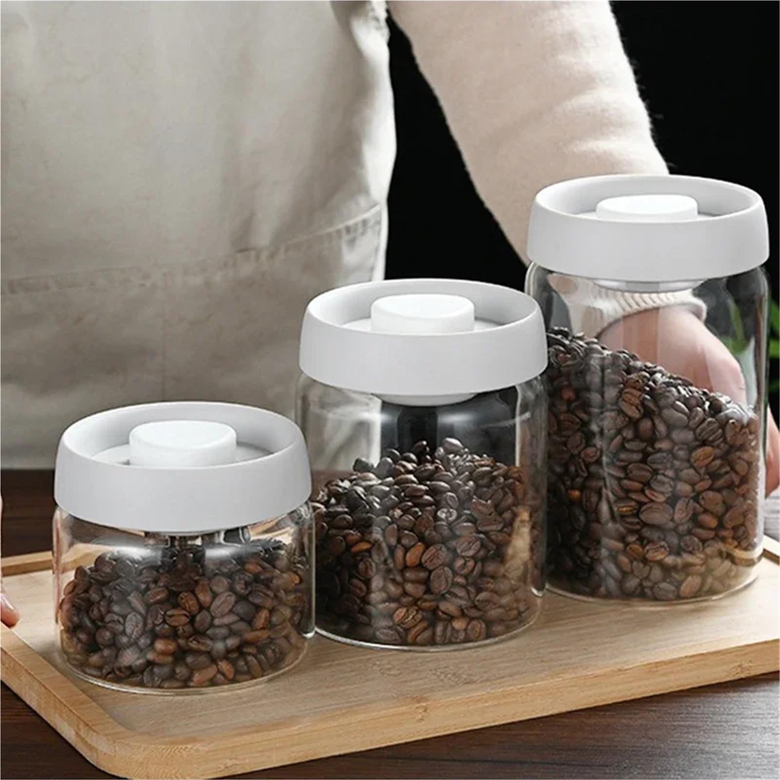 Tarro de conservación Tanque sellado al vacío de granos café tipo prensa, almacenamiento alimentos vidrio, tarros for mantenimiento fresco, tarro dulces for té y enteros(White-900ml)