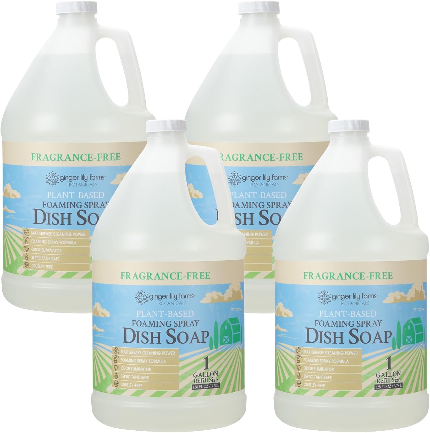 Ginger Lily Farms Botanicals Plant-Based Foaming Spray Dish Soap, Concentrated Formula with Max Grease Cleaning Power, Cruelty-Free, Fragrance-Free, 1 Gallon (Pack of 4)