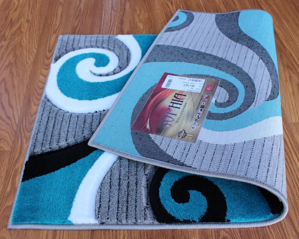 Masada Sophia Collection Hand Carved Modern Contemporary Turquoise White Grey Black Welcome Mat, Doormat, Bathroom Rug, Kitchen Mat, Small Space Rug (2 Feet X 3 Feet 4 Inch)