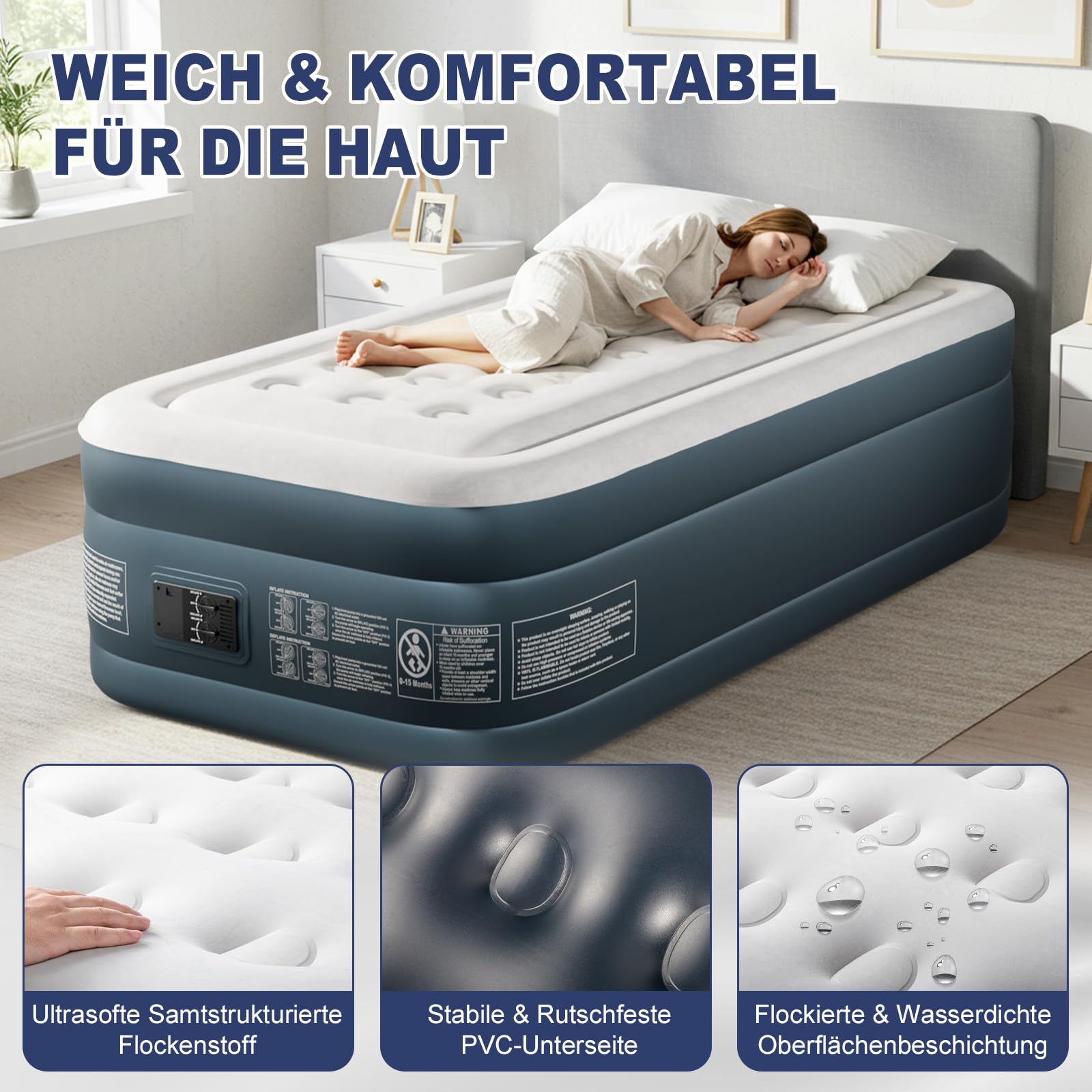 Bonnlo Faltbare Campingmatratze mit Elektrischer Pumpe – Luftmatratze selbstaufblasend Velours-Oberfläche Luftbett Outdoor 100 kg 190 x 99 x 45 cm Grauweiß Dunkelgrau