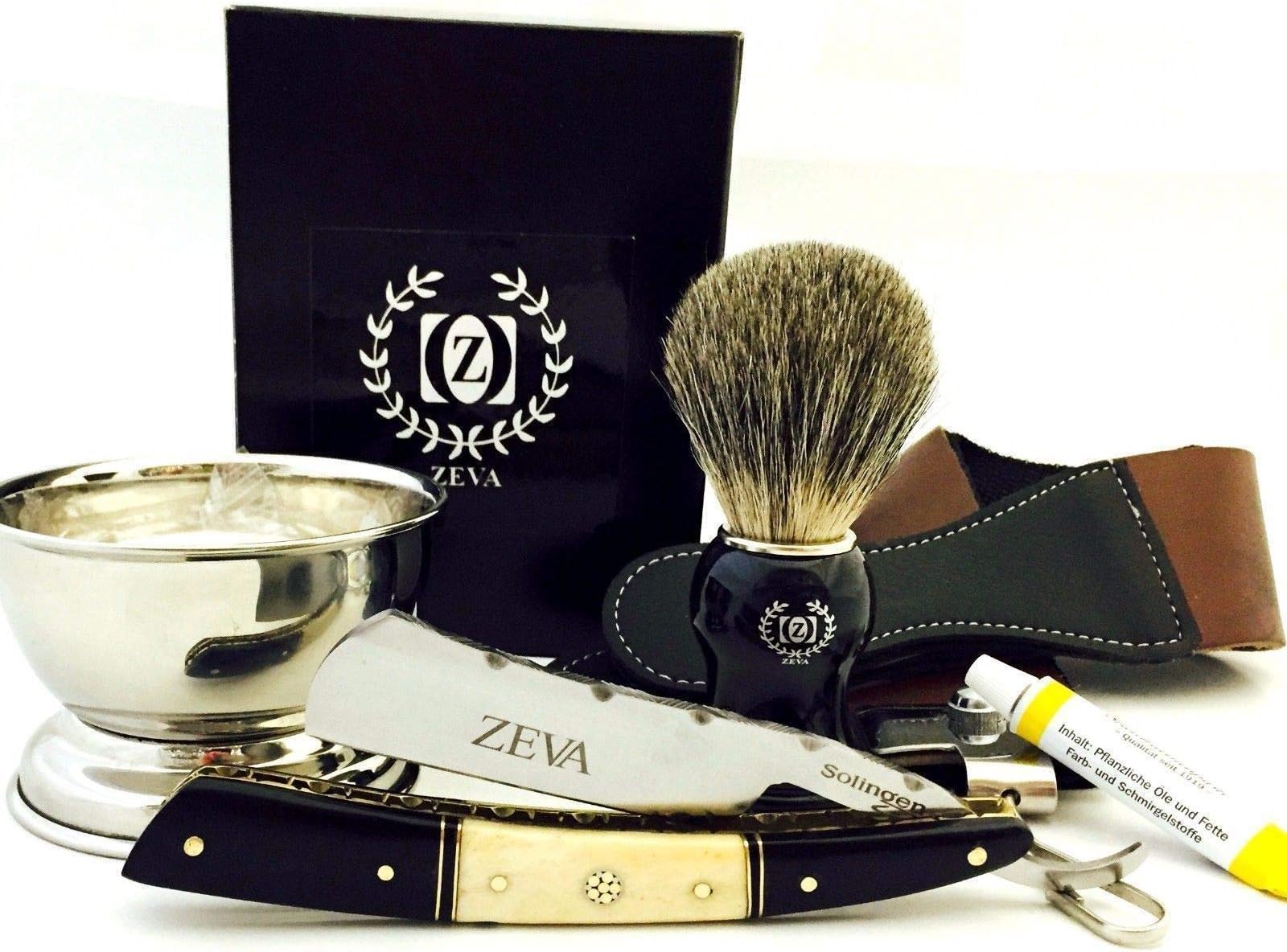 ZEVA Men's Buffalo Horn Camel Bone Straight Razor Shaving Set kit in Gift Box