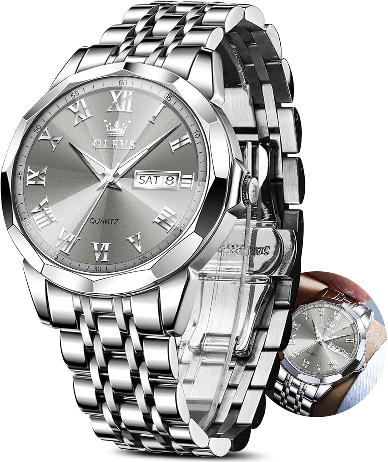 OLEVS Classic Men Watches with Date,Stainless Steel Man Watch with Date, Bussiness Watches for Men,Luminous Quartz Mens Watches Black/White/Blue/Gold, Waterproof Male Watch with Week