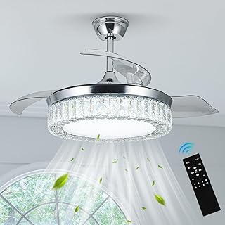Retractable Ceiling Fan with Light and Remote 42 inch Fandelier Ceiling Fan with Chandelier Dimmable Light Invisible Fan Crystal Ceiling Fan for Bedroom Living Room Dining Room Kitchen Ceiling Fan