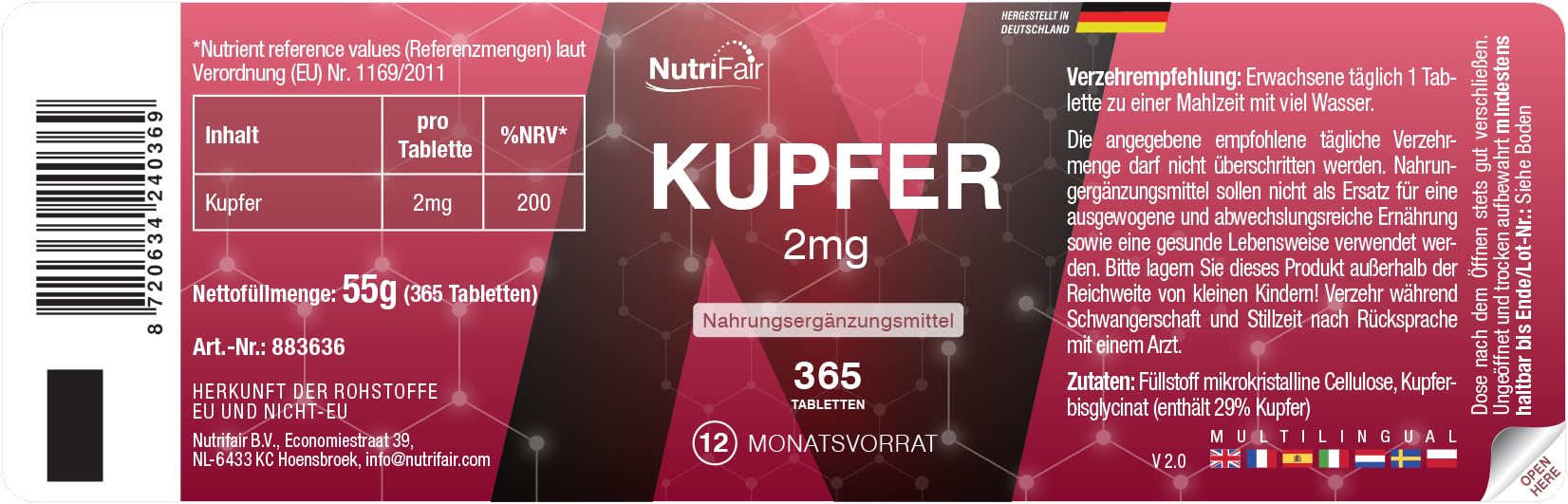 Rame 2mg, 365 compresse, Rame bisglicinato, Alto dosaggio, 100% Vegano, produzione tedesca e test di laboratorio, Premium & Equo
