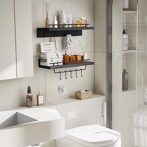 Miniatura 8 de Estantes flotantes de pino con ganchos estantes flotantes de baño de granja blanca sobre el inodoro juego de 2 estantes de pared de madera con barra