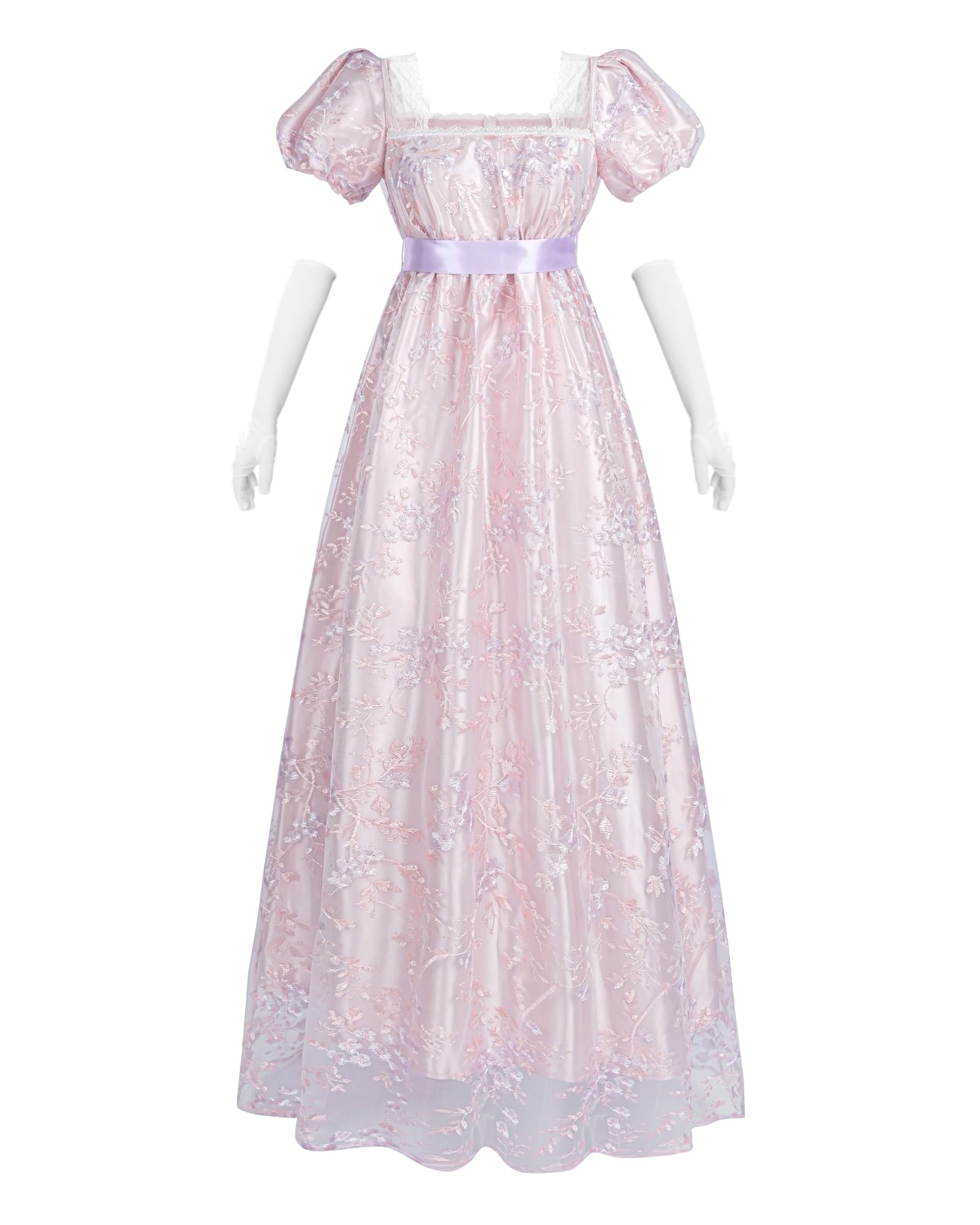 NSPSTT Women Regency Dresses Puff Sleeves Empire Waist Victorian Dresses Long Dress Tea Party Gown with Gloves, Purple, M — image 1
