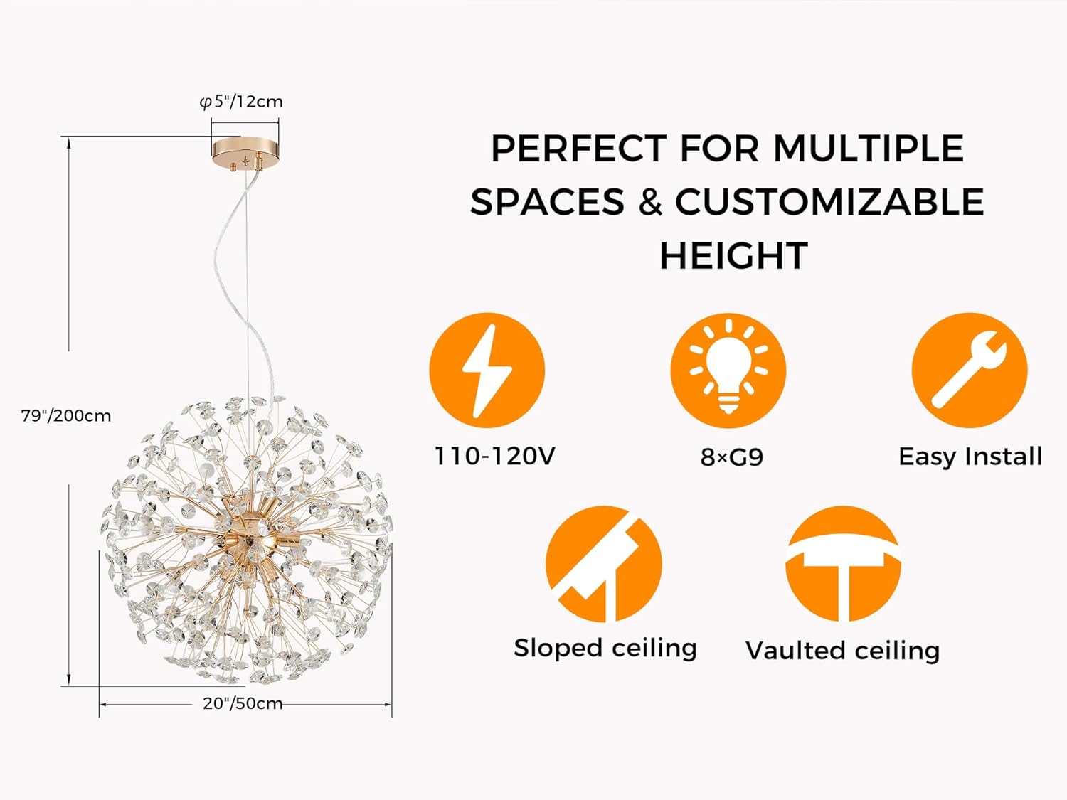 AGV LIGHTING Modern Crystal Chandelier Sputnik Dandelion Pendant Light Fixture, 8-Light Gold Chandelier for Dining Room Living Room Bedroom Foyer