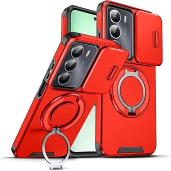 Case for Realme 14X 5G,Military Grade [Built-in Kickstand] Magnetic Rotate Ring Holder Heavy Duty TPU+PC Shockproof Drop Protect Phone Case for Oppo Realme 14X 5G/Realme C75 4G Red