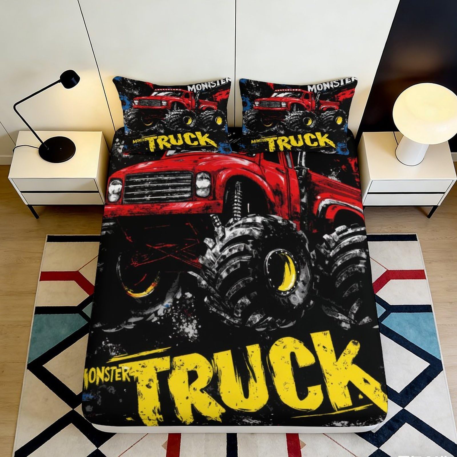 K1r3d9e5 Style-5 3D Printed Monster Truck Fitted Sheet Microfiber Black Red Bed Cover For Bedroom Guest Room Mattress Protection 90X200x25cm