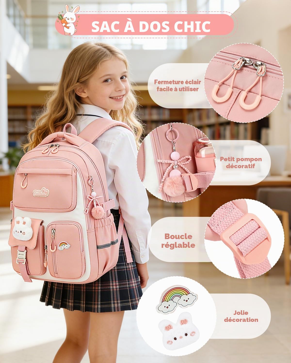 Amythe Cartable Fille Primaire, Sac à Dos Scolaire Léger en Nylon pour Filles, Tendance Sac d’École College pour les Voyages avec Pendentif, Convient aux Chariot, Rose