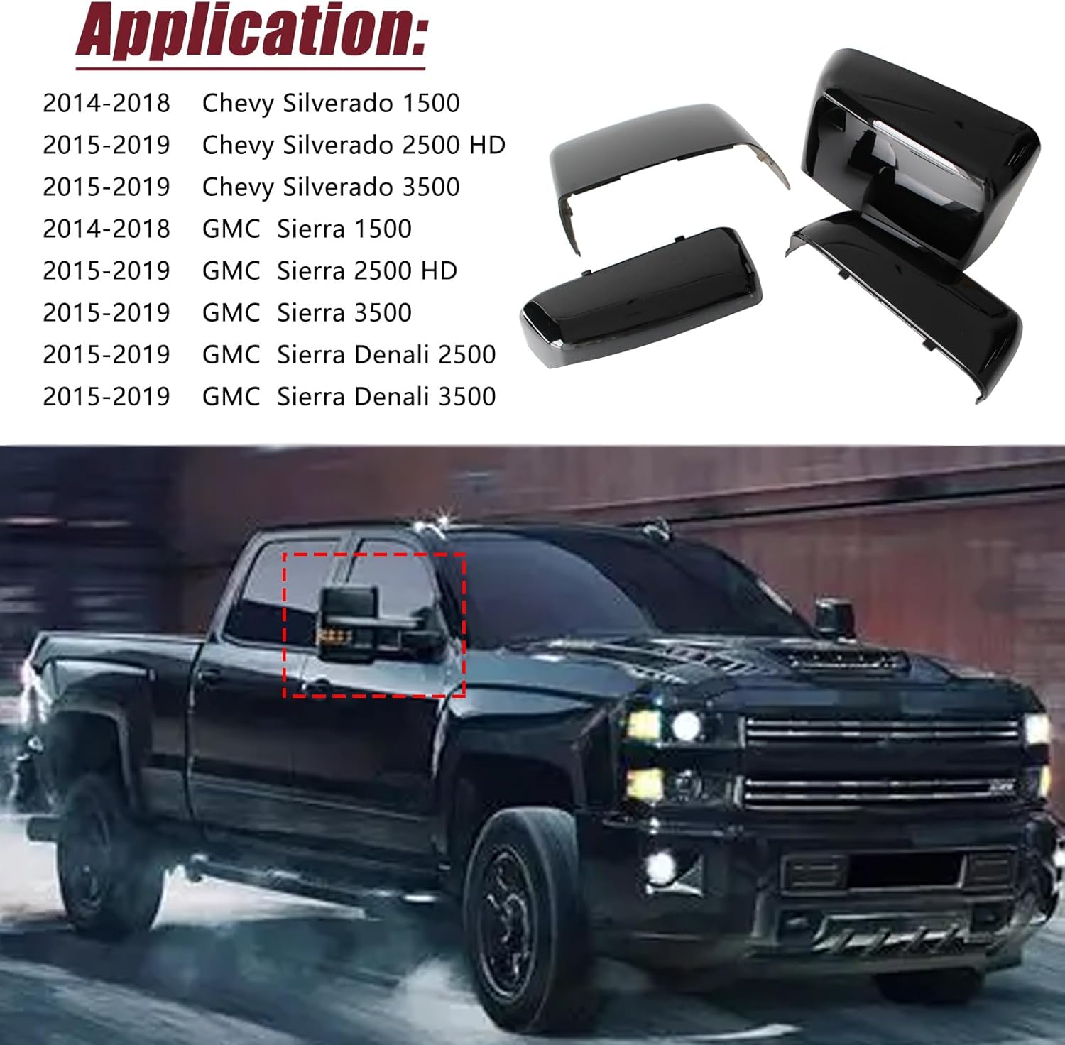 AUCERAMIC 1 Pair Tow Mirror Cap Cover Fit 2014-2019 for Chevy Silverado GMC Sierra 1500 2500 3500 Replacement for 23444125 23444126 23444119 23444120 (Black)