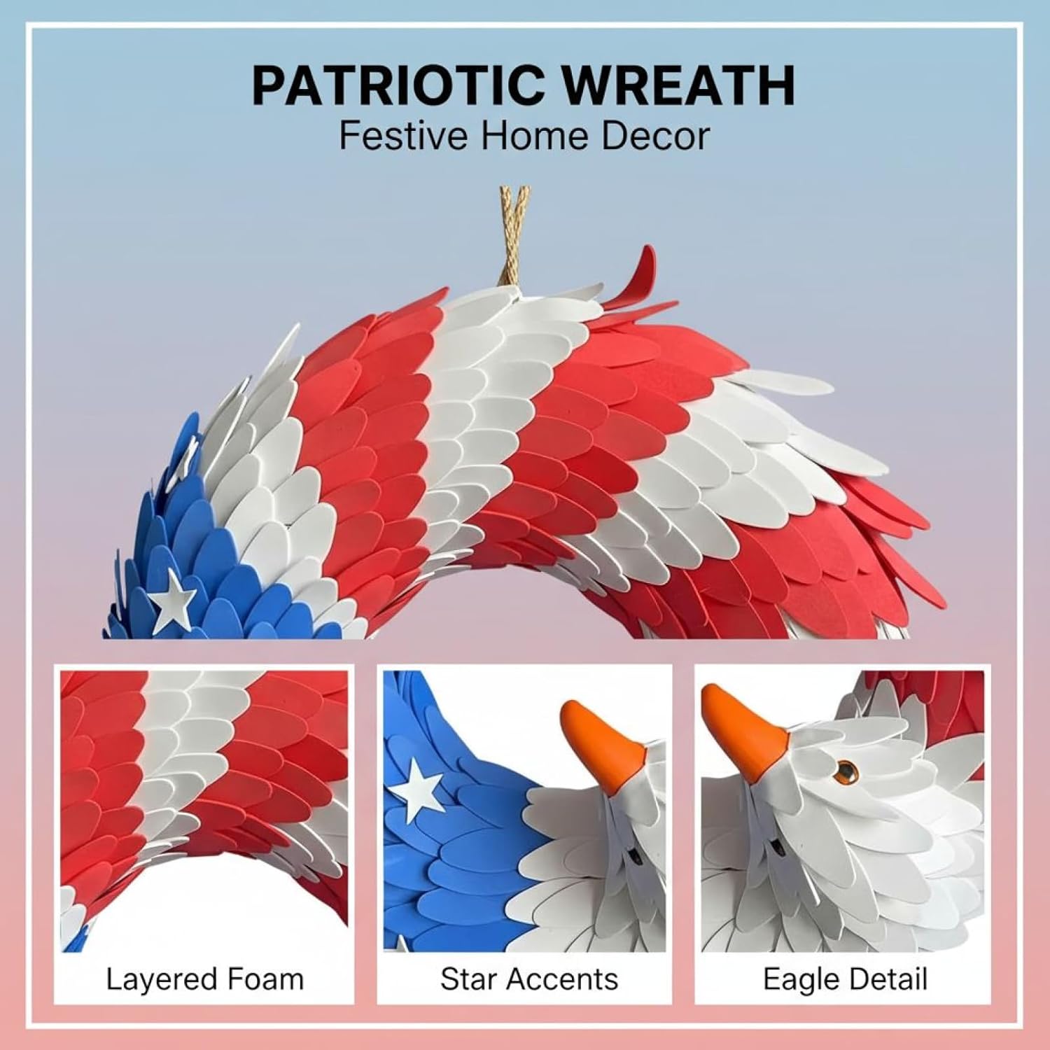 Festive Patriotic Wreath, 15 in America's Flag Garland, Independence Day Foam Wreath Decoration for Front Door, Party, Home