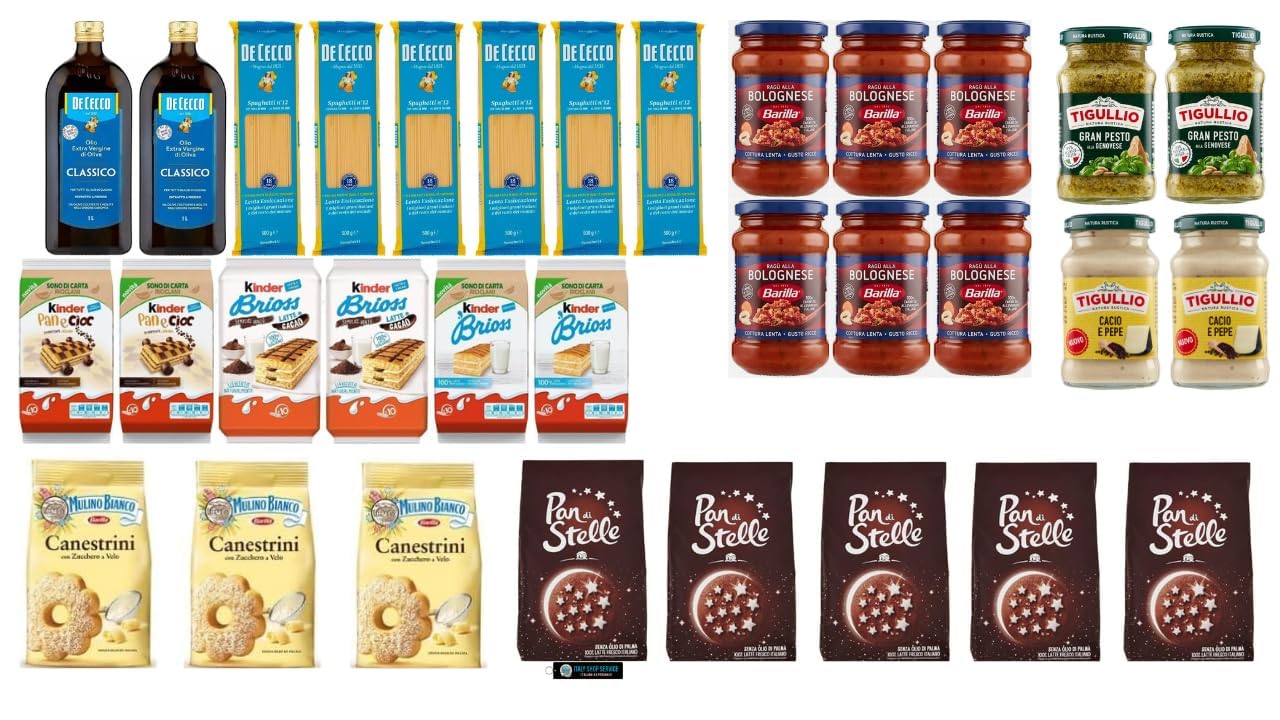 Italienische Lebensmittel-Set, De Cecco Olivenöl & Pasta, Barilla Bolognese-Sauce, Tigullio Pesto, Ferrero Kinder Brioss & Pan di Stelle, 7 Sorten, + keyring italy shop service