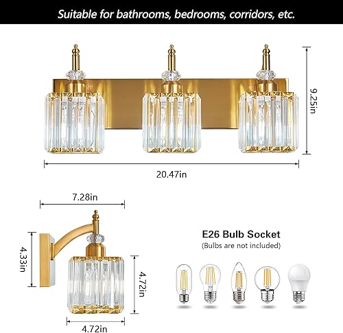 Miniatura 3 de Luces de tocador de cristal doradas, 3 luces, lámpara de tocador de baño de cristal sobre espejo, moderna lámpara de tocador para baño
