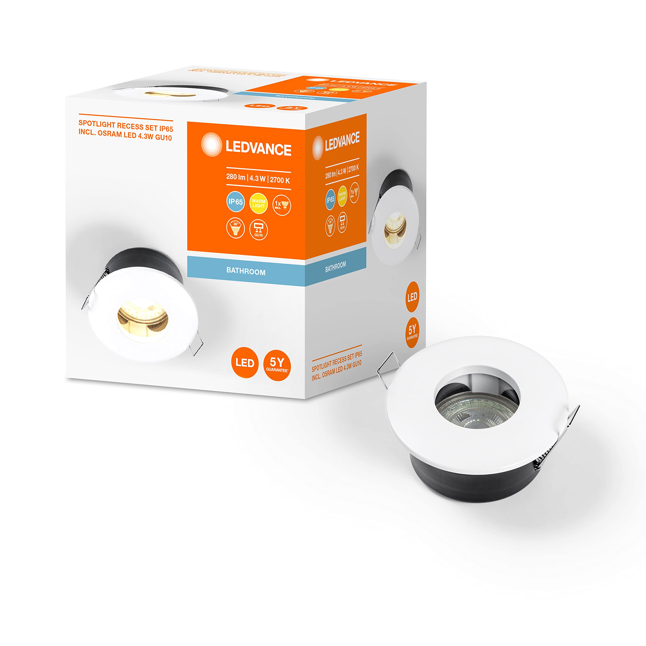 LEDVANCE LED Spot White with Metal Housing, 4.3 Watt, 350 Lumen, 2700K, IP65, Recessed Spotlight GU-10 Lamp
