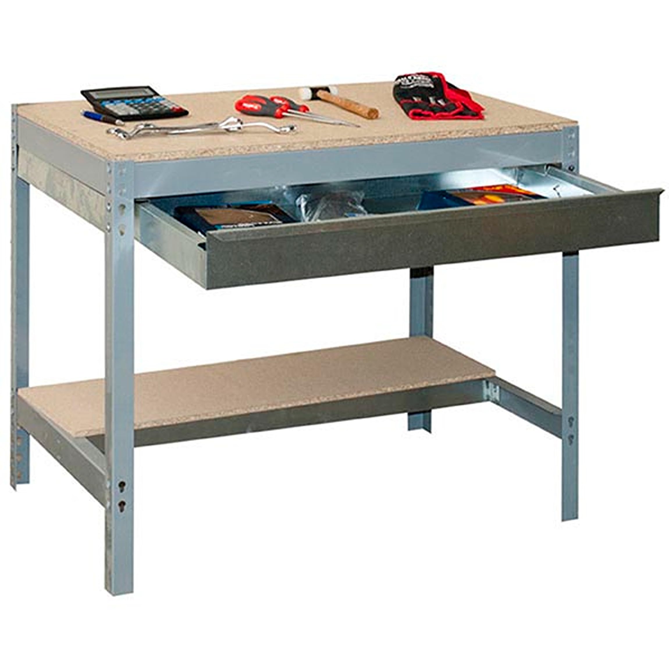 Simon Rack Mesa de Trabajo Taller con cajón 1510x760 mm - BT0 | Capacidad Carga 600 kg, Tablero madera 16 mm, Pintura anticorrosión, Gris , Montaje sistema clic