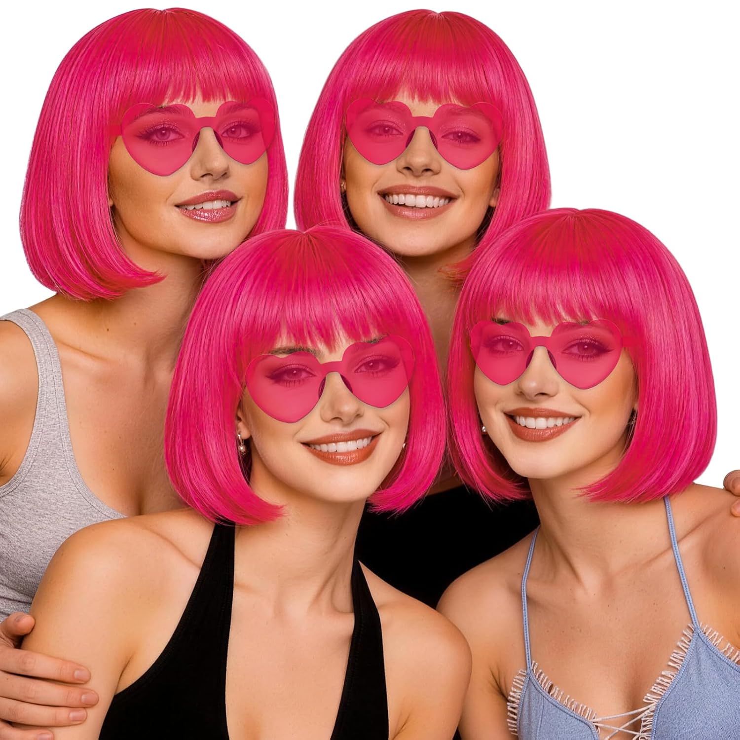 4 Pack Hot Pink Bob Wig and Heart Sunglasses for Women Men, Colorful Bob Wigs Fancy Dress Hair with Hair Cap for 80s Retro Costume Discos Bachelorette Neon Party Music Festival Nightclubs