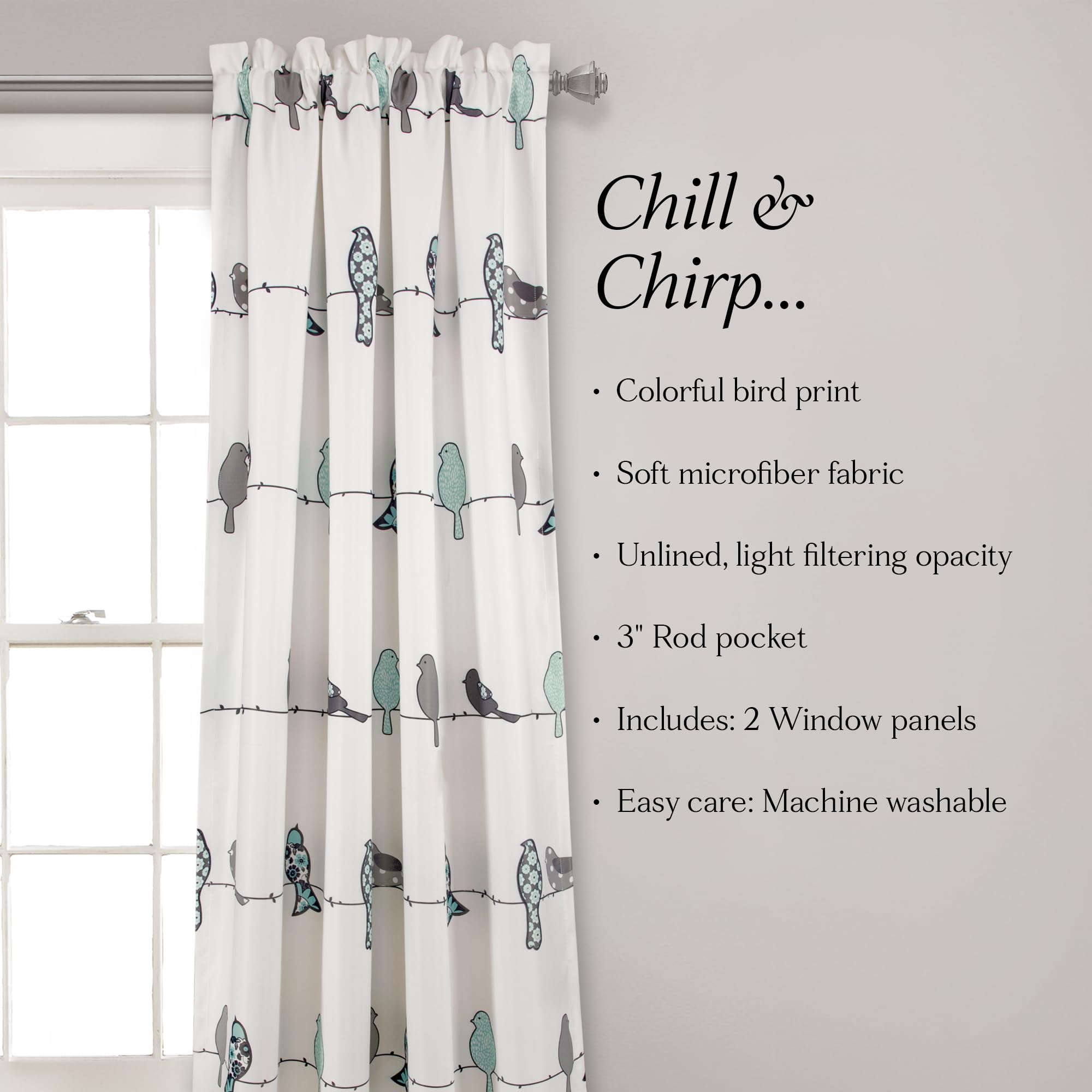 Lush Decor Rowley Birds Vorhänge, verdunkelndes Fensterpaneel-Set für Wohnzimmer, Esszimmer, Schlafzimmer (Paar), 132 x 240 cm, blu e grigio