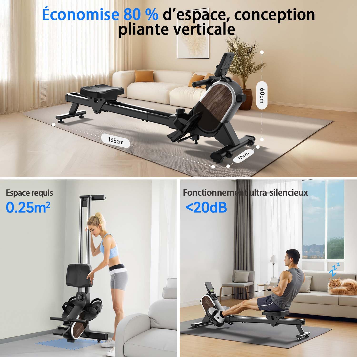 CHAOKE Rameur Magnétique D'appartement, Rameur Bluetooth avec écran LCD, 16 Niveaux de Résistance, Rails Doubles Améliorés, Silencieux, Idéal pour l’Entraînement Cardio à Domicile, Capacité 160KG