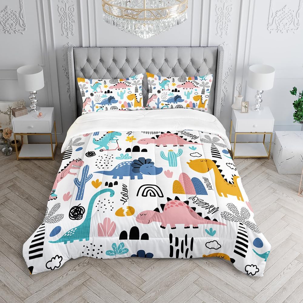 Cartoon Dinosaur Rainbow Comforter Set Twin 3Pc Kawaii Dinosaur Bedding Set All Season with Cactus, Coconut Tree Decoration Includes 1 Comforter, 2 Pillowcases for Kids Girls Teens - Image 3