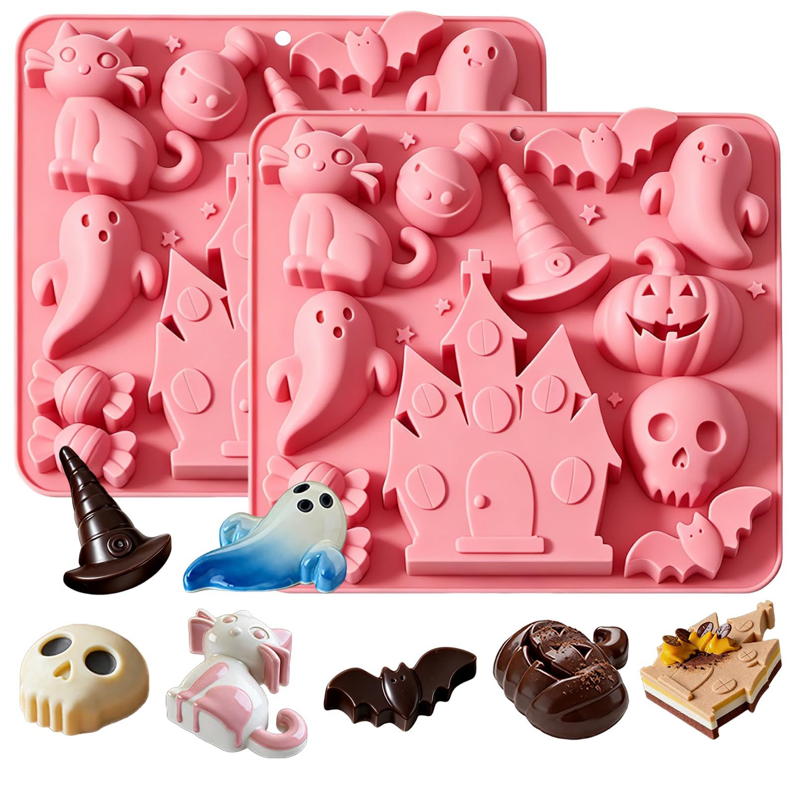 View 1 of 2 Pcs Halloween Silicone Molds, Halloween Pumpkin Bat Ghosts, Witch Hats Shape, Halloween Chocolate Molds for Making Jelly Candy Soaps Cupcake Decorations